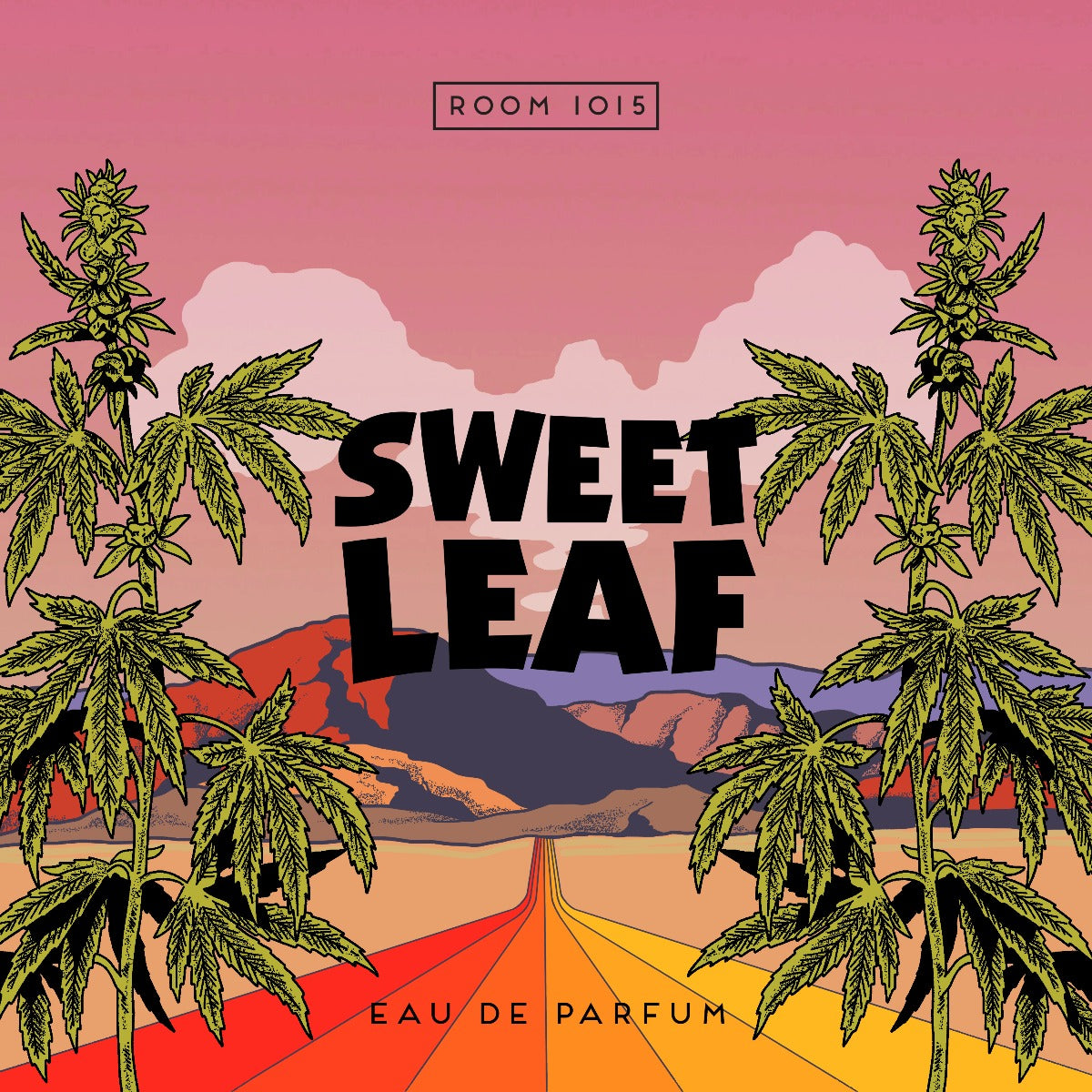 Designed image of a road leading to mountains with ROOM 1015 logo and text that reads "SWEET LEAD"