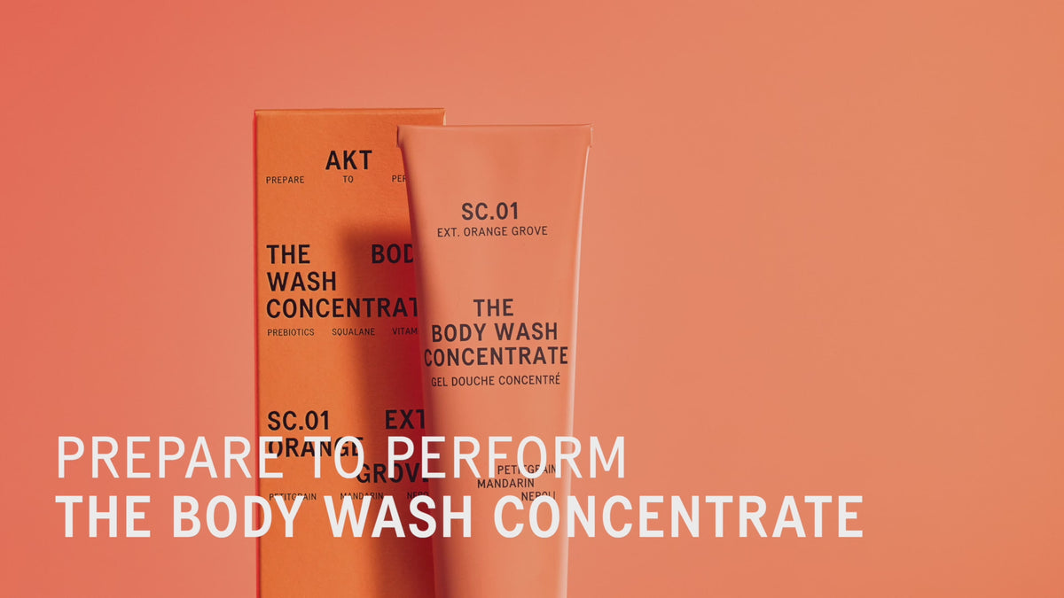 AKT promotional video featuring The Body Wash concentrate. Shows concentrate being squeezed onto a konjac sponge, adding water to produce a lather, and people showering using the soapy sponge. 