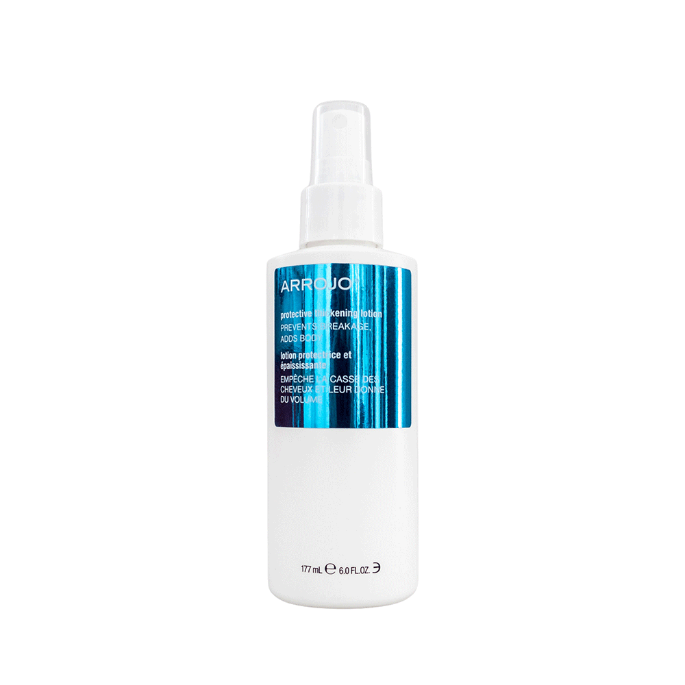 A bottle of Protective Thickening Lotion designed for hair care, with a white body and blue label.
