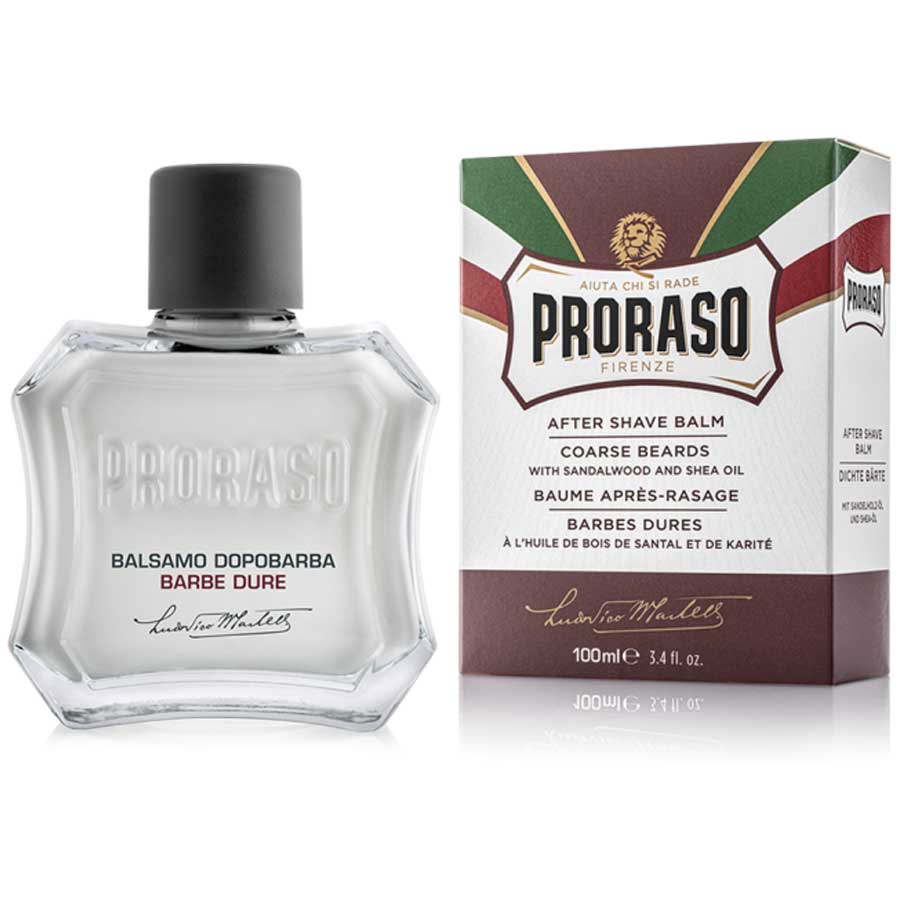 Proraso After Shave Balm for Coarse Beard bottle with box shown next to it.