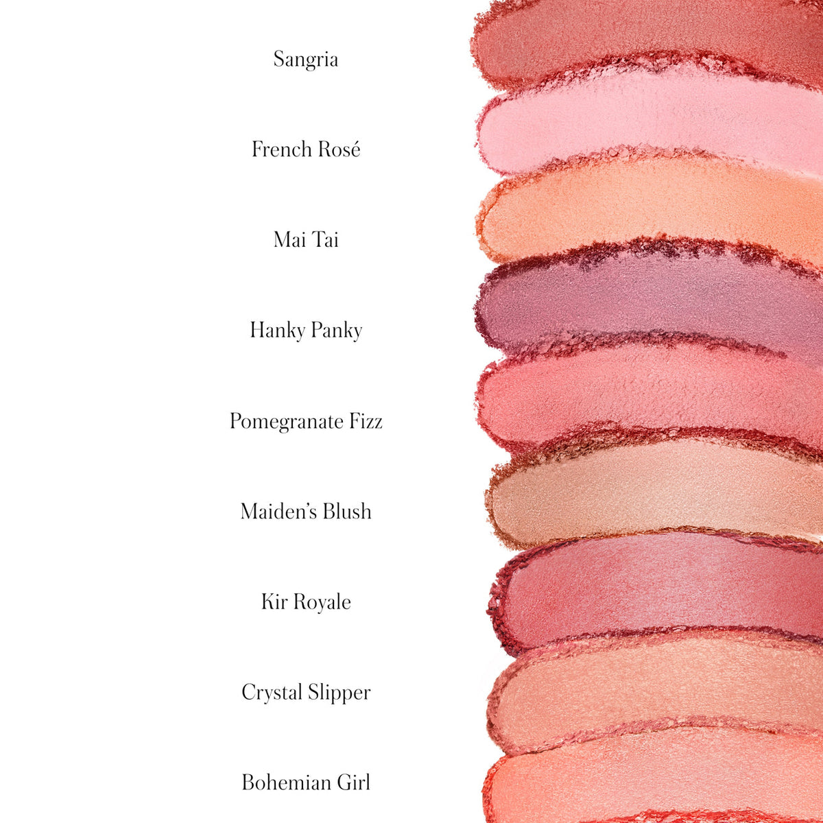Color swatches of blush shades with names on a white background