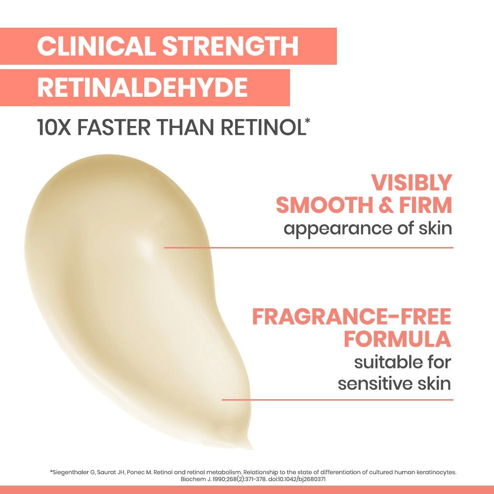 Product swatch with clinical strength retinaldehyde claims on a white background
