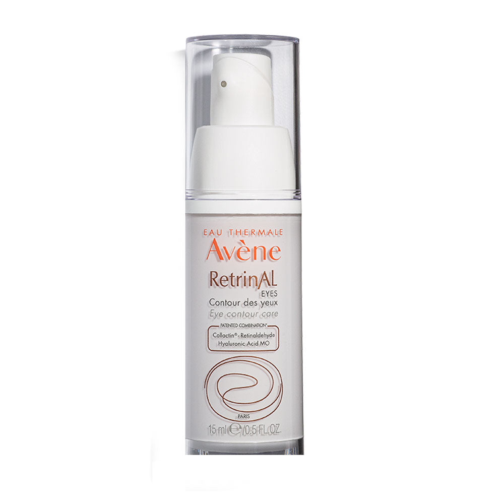 A pump bottle of Avene RetrinAl eye cream designed for eye contour care.