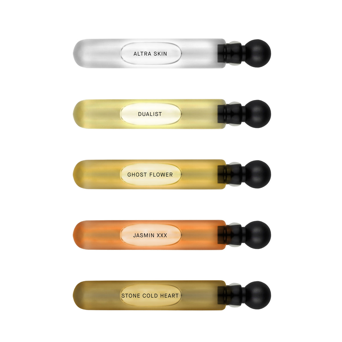 Five small spray bottles labeled 'Altra' containing different scents, arranged in a line with varying shades of yellow and orange.