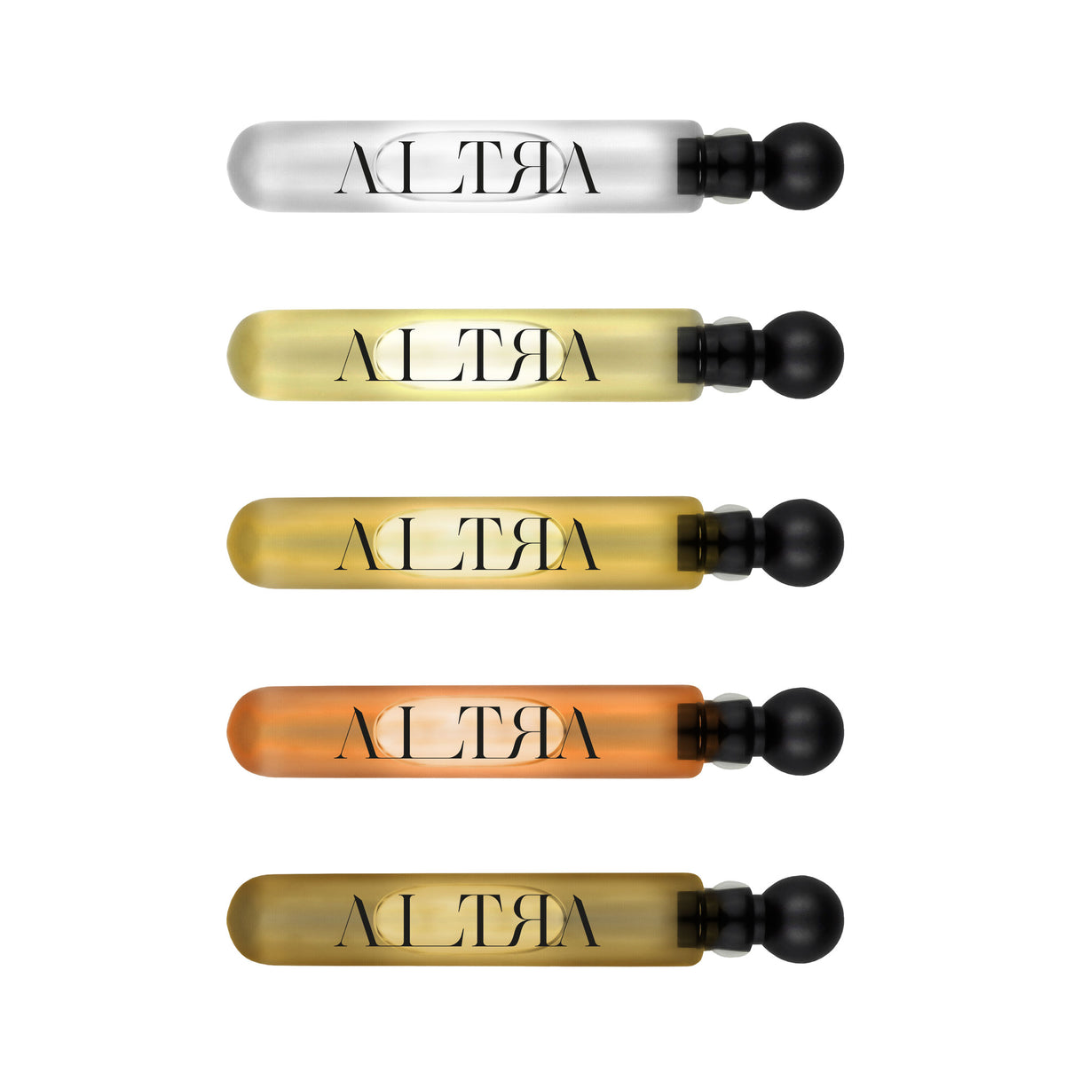 Five small spray bottles labeled 'Altra' containing different scents, arranged in a line with varying shades of yellow and orange.