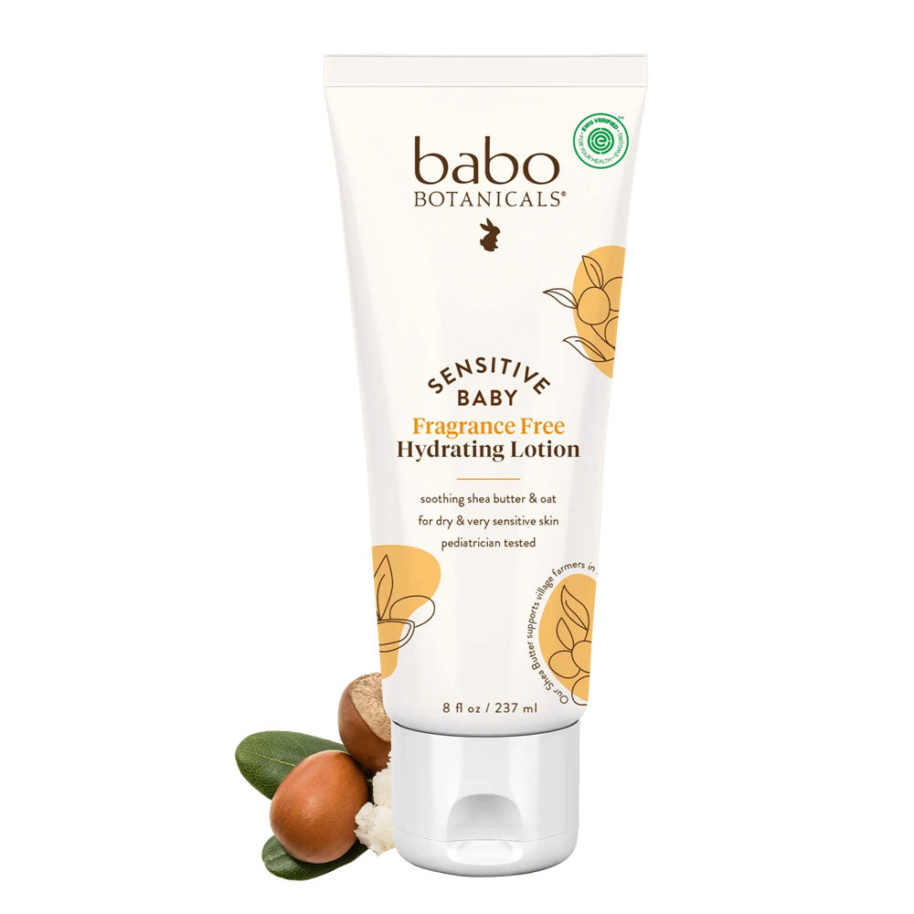 Tube of Babo Botanicals Sensitive Baby Fragrance-Free Hydrating Lotion with floral design