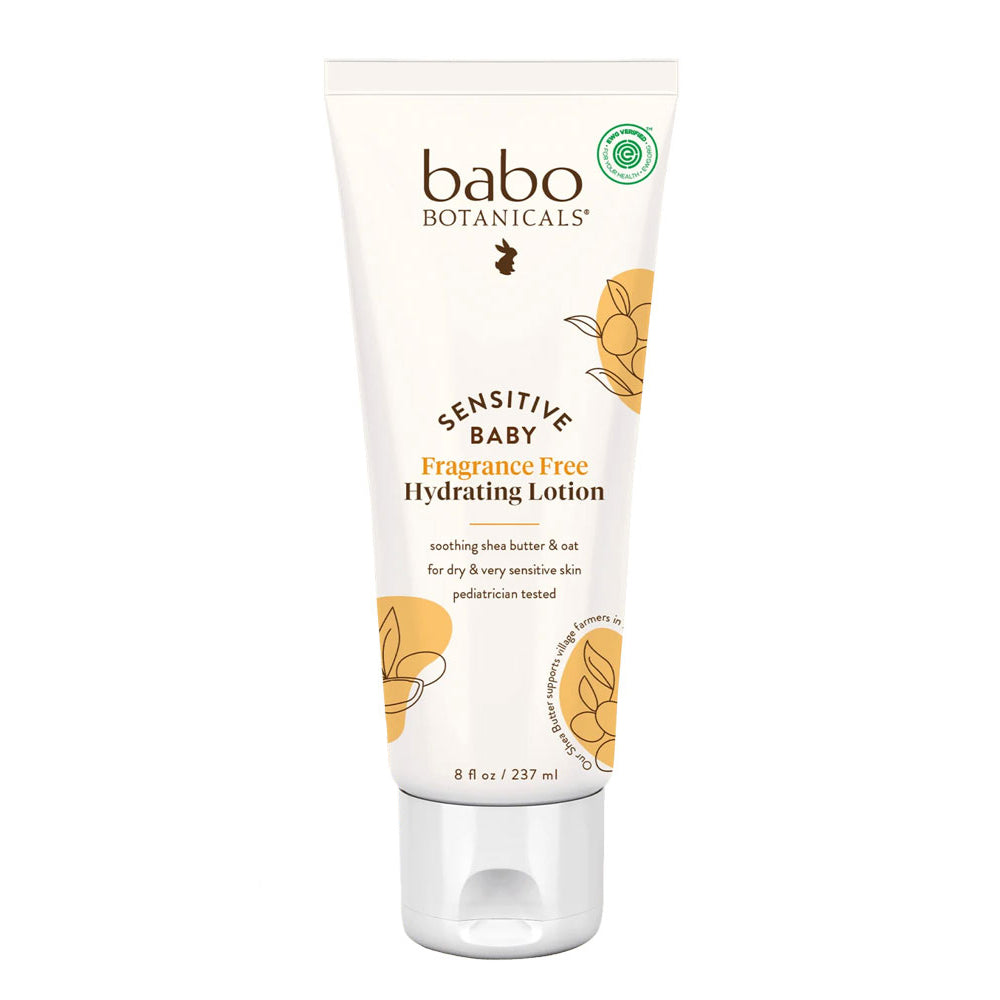Tube of Babo Botanicals Sensitive Baby Fragrance-Free Hydrating Lotion with floral design