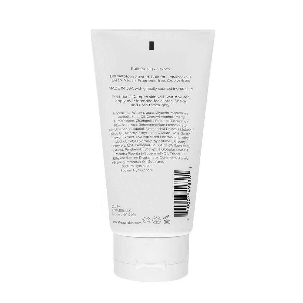 Back of a tube of ATWATER Smooth Target Shaving Cream against a white background.