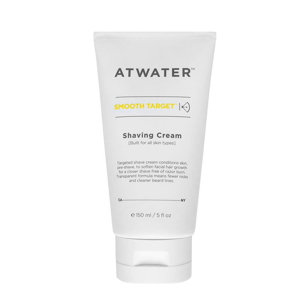 A tube of ATWATER Smooth Target Shaving Cream against a white background.