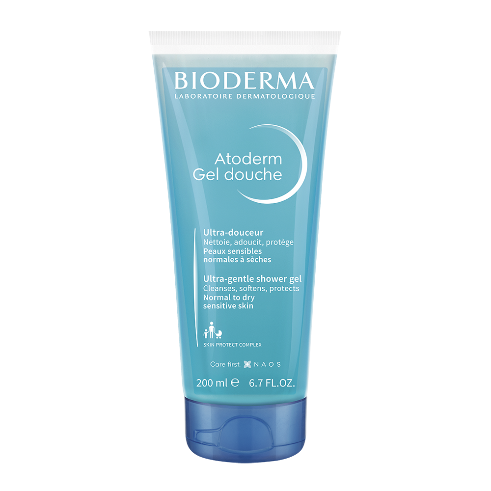 A plastic tube containing Bioderma Atoderm Shower Gel.