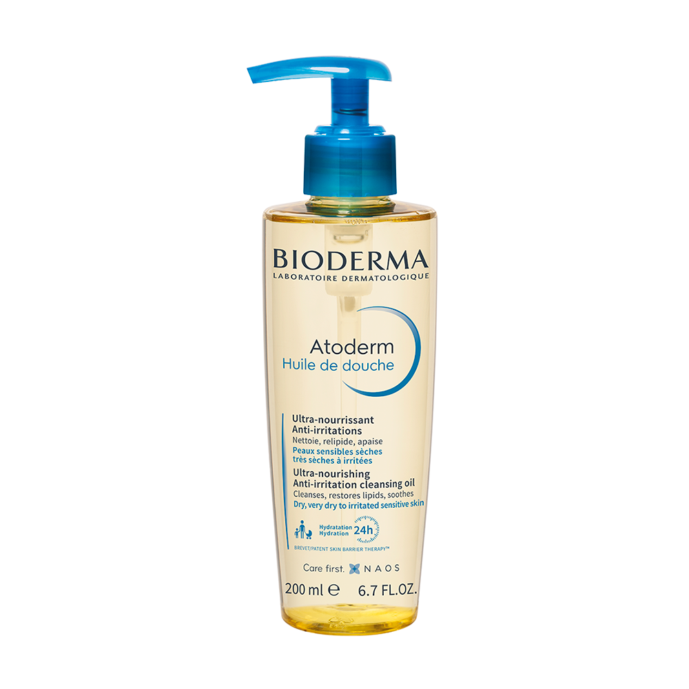 A pump bottle of BIODERMA Atoderm Shower Oil designed for sensitive dry skin.