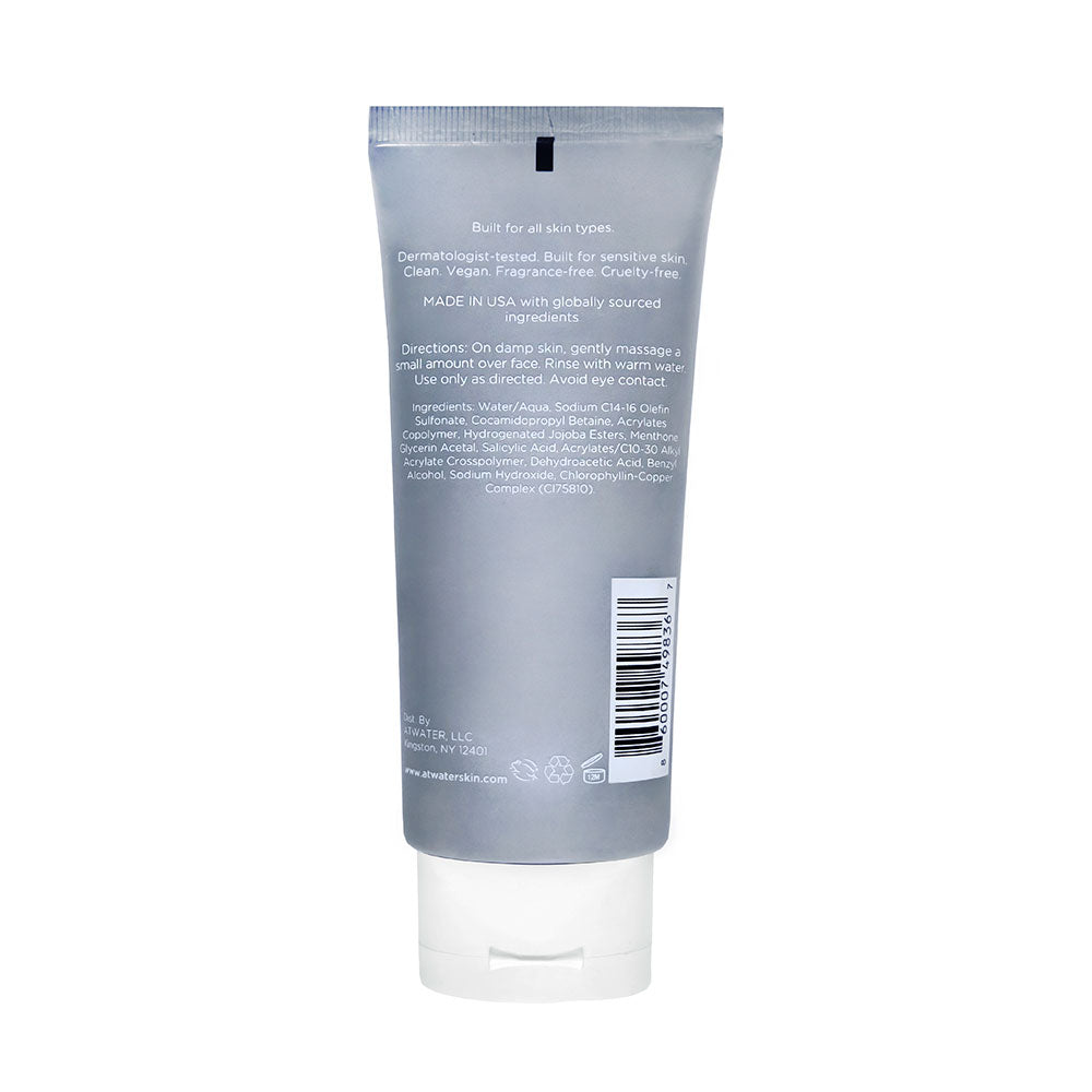 Back of ATWATER Skin Armor Face Scrub in a blue and white tube packaging.