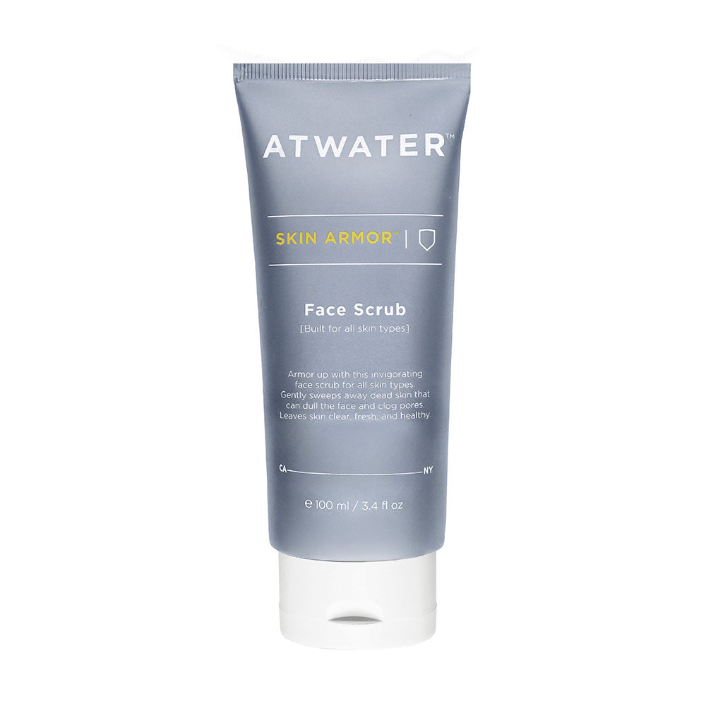 ATWATER Skin Armor Face Scrub in a blue and white tube packaging.