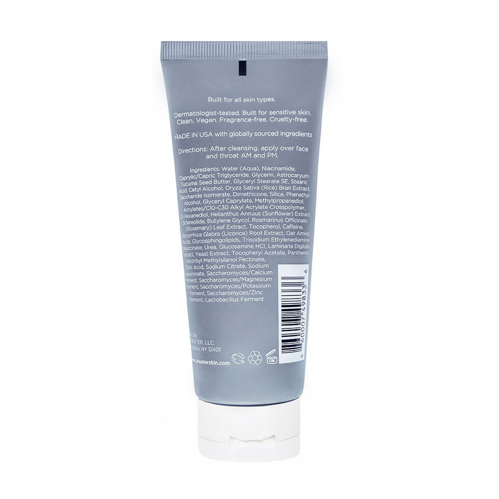 Back of a tube of ATWATER Skin Armor Facial Moisturizer, designed for all skin types.