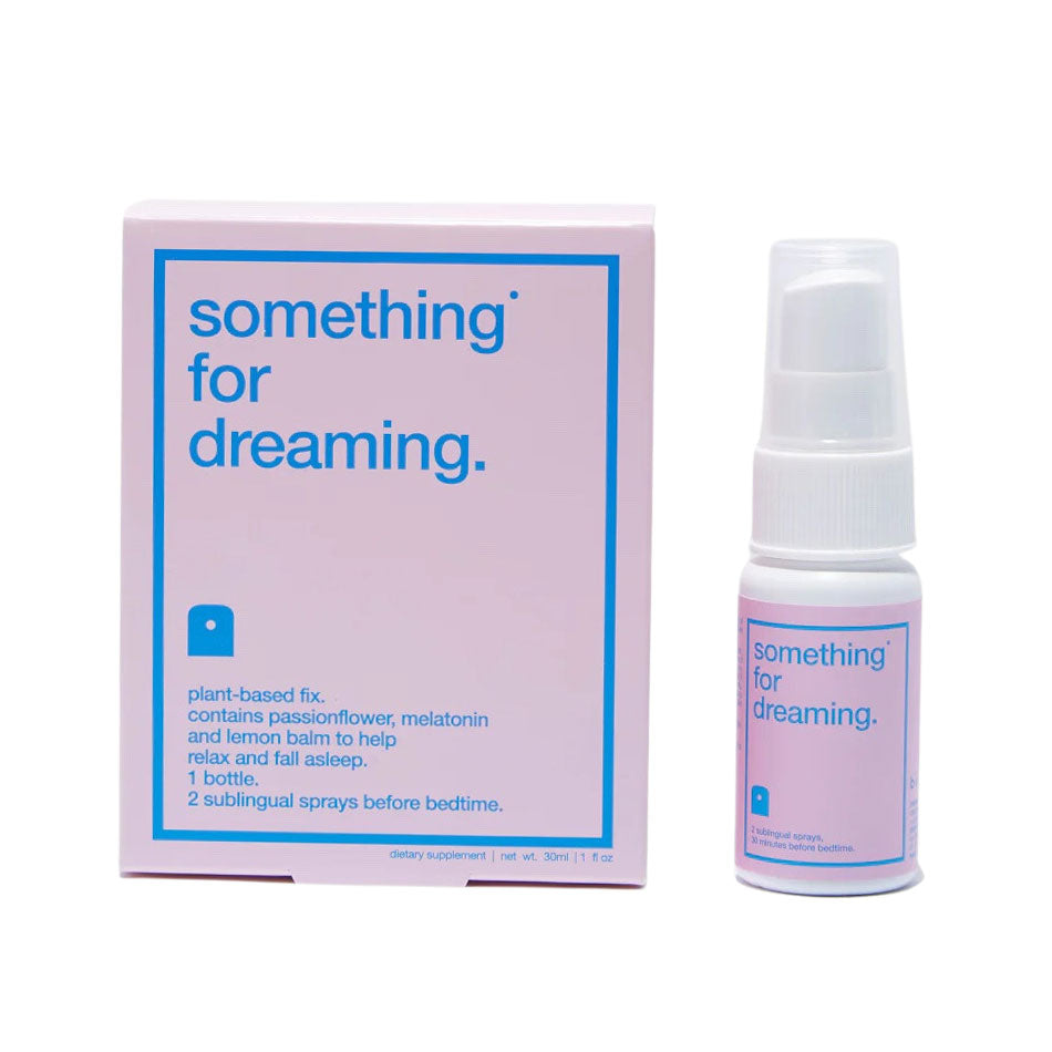 The image shows a product called 'something for dreaming.' which appears to be a sleep aid oral spray in a pink and blue packaging with a white spray bottle.