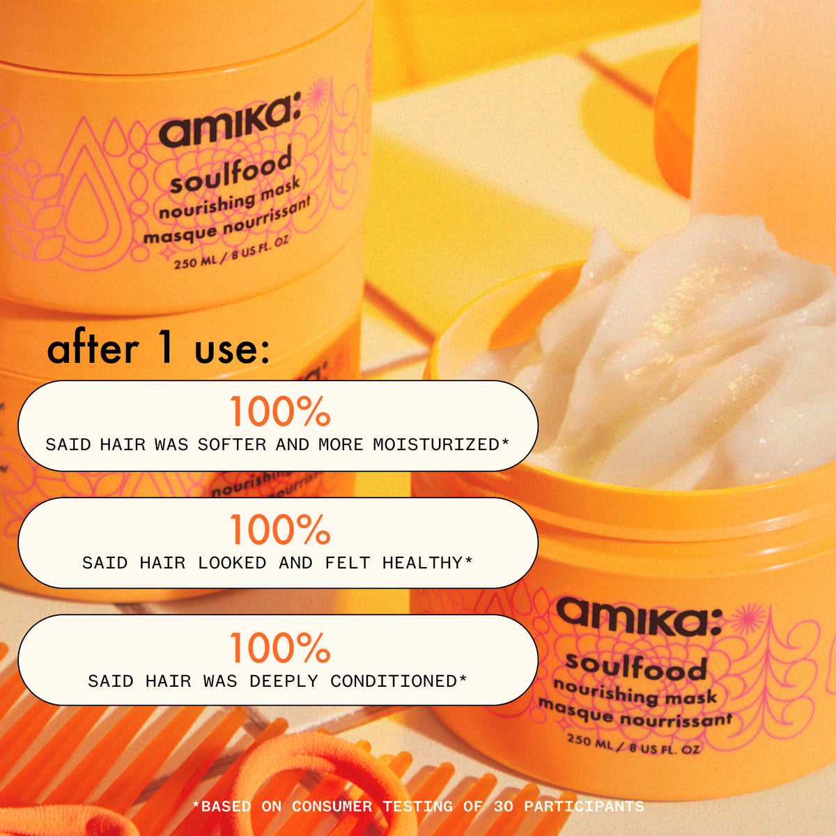 Amika Soulfood nourishing mask with product details and consumer feedback on a bright orange background
