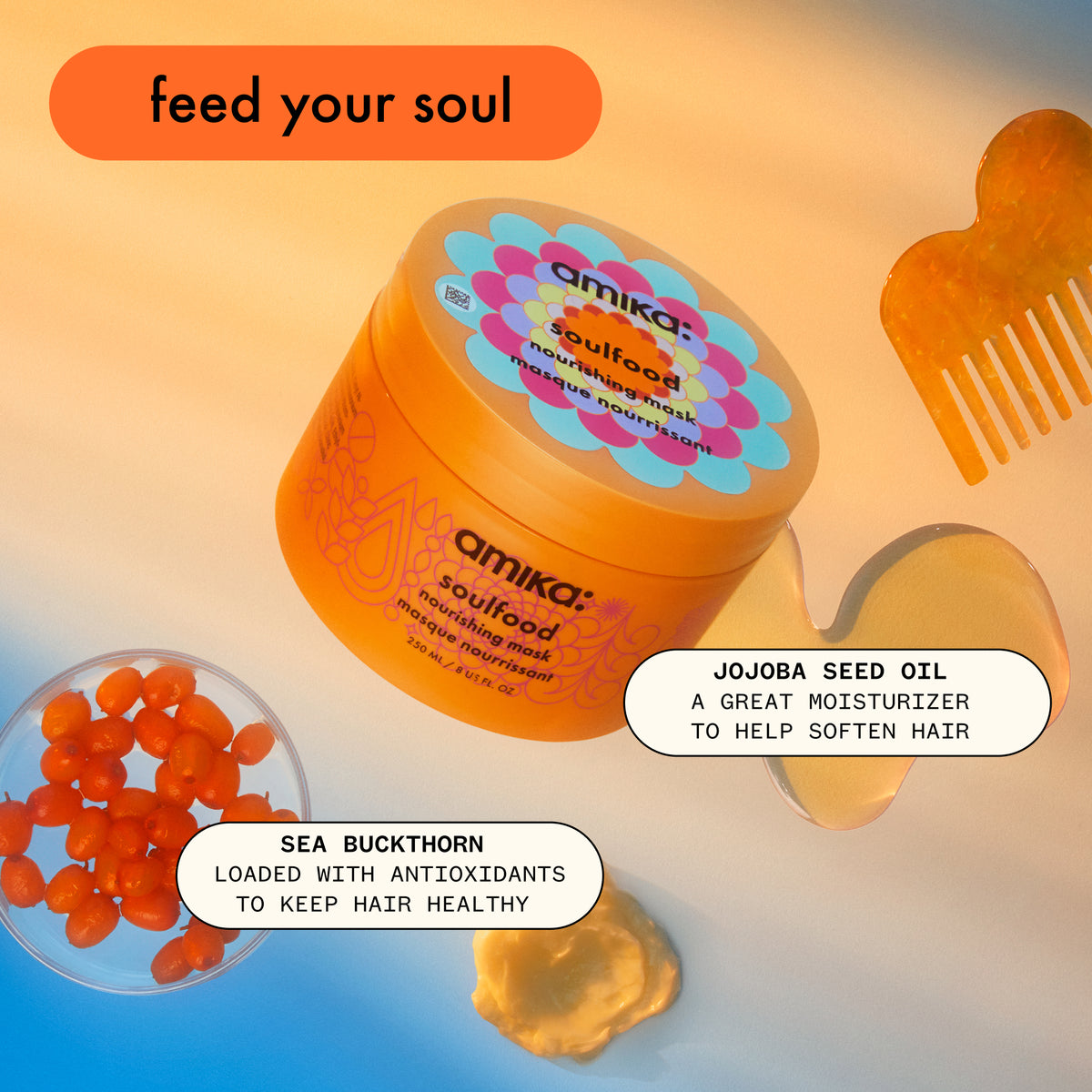 Amika Soulfood  jar with text of featured ingredients. Sea buckthorn berries and a comb on a gradient background. 