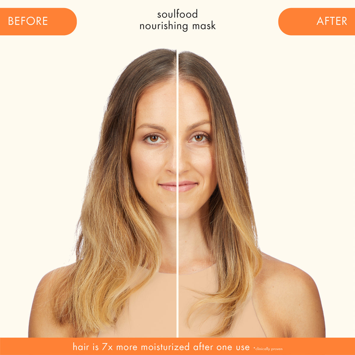 Before and after comparison of a woman's hair with a Amikas Soulfood nourishing mask, showing visibly moisturized hair.