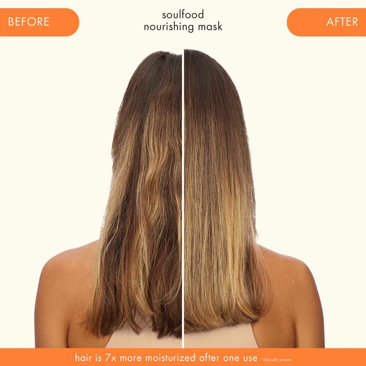 Before and after comparison of a woman's hair with a Amika Soulfood nourishing mask, showing visibly moisturized hair.