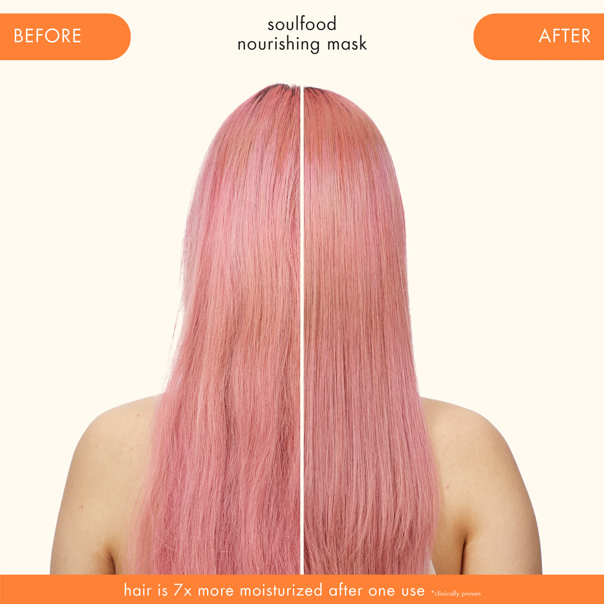 Before and after comparison of pink hair with Amika Soulfood Nourishing mask' application.