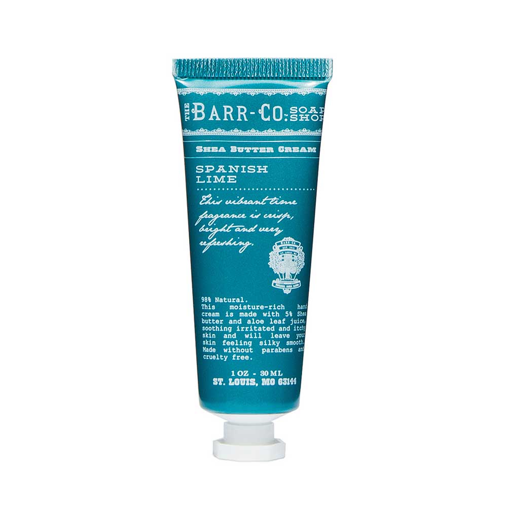 A mini tube of hand cream labeled 'Barr-Co.' with Spanish Lime fragrance, housed in a blue and white patterned packaging.
