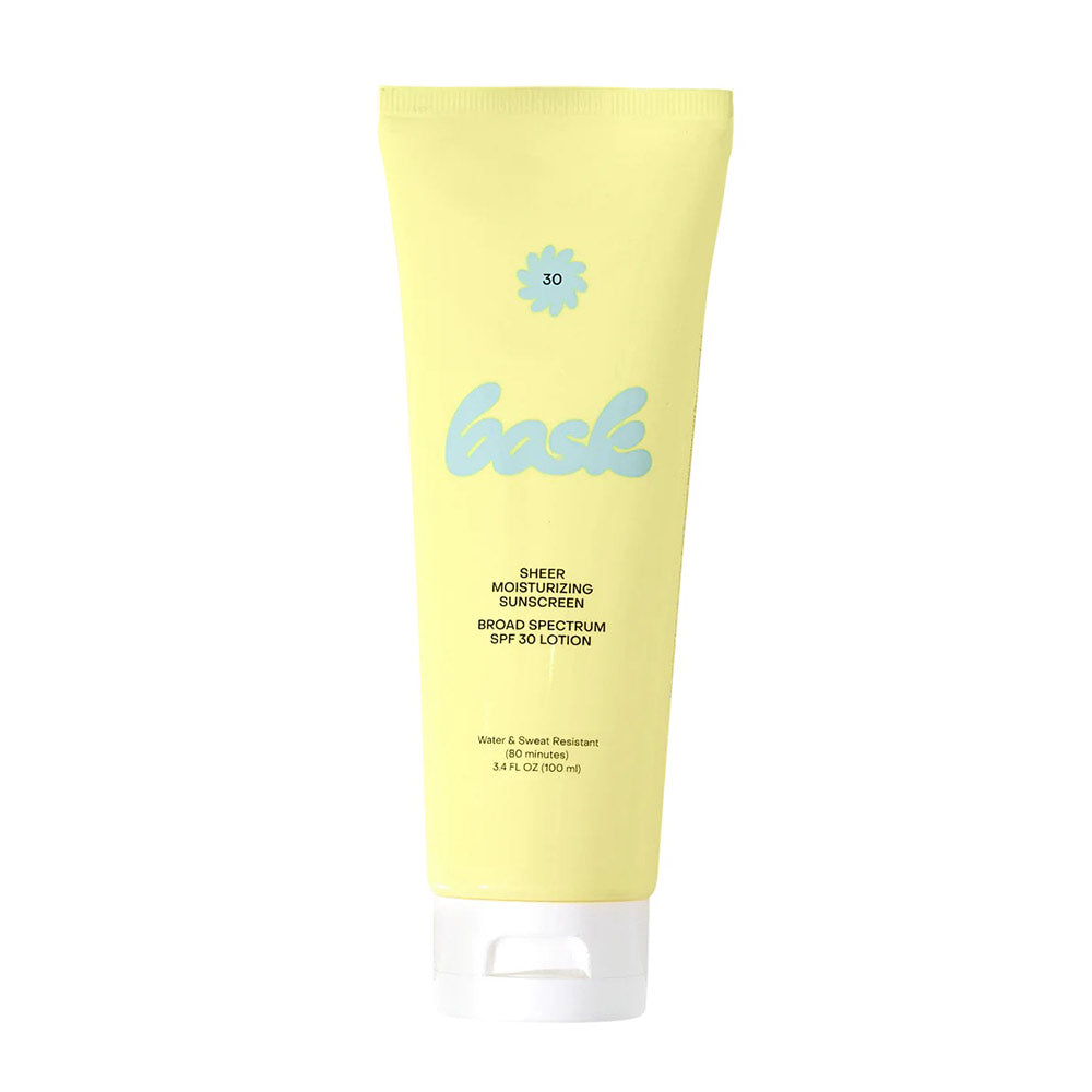A yellow tube of Bask SPF 30 Lotion with blue text, indicating sun protection factor and the brand name.