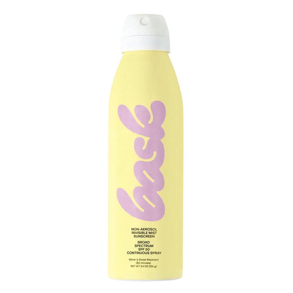 A yellow spray bottle with the brand name 'Bask' written in purple and pink letters, indicating SPF 50 sunblock.