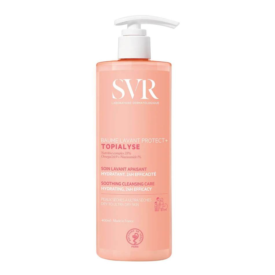 Pink bottle with pump of SVR Topialyse on a white background