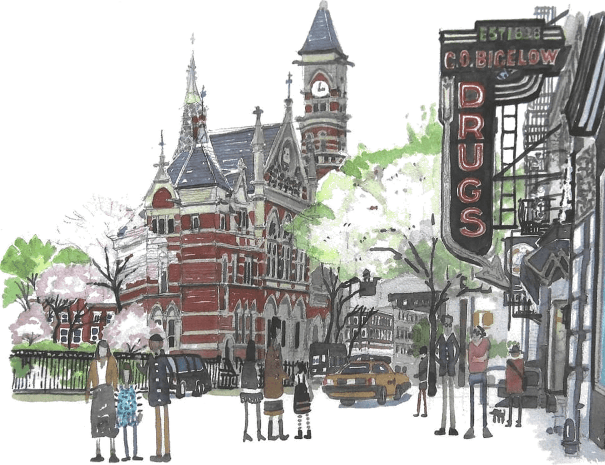 Illustration of 6th Avenue, outside the Bigelow store
