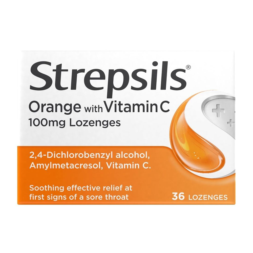 Packaging of Strepsils Orange with Vitamin C 100 mg Lozenges showing the product name and count of 36 lozenges.