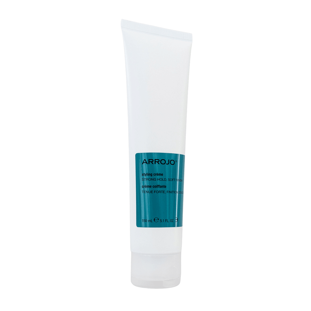 A tube of Arrojo Styling Crème with white and teal packaging, designed for adding volume and providing hold to hair.