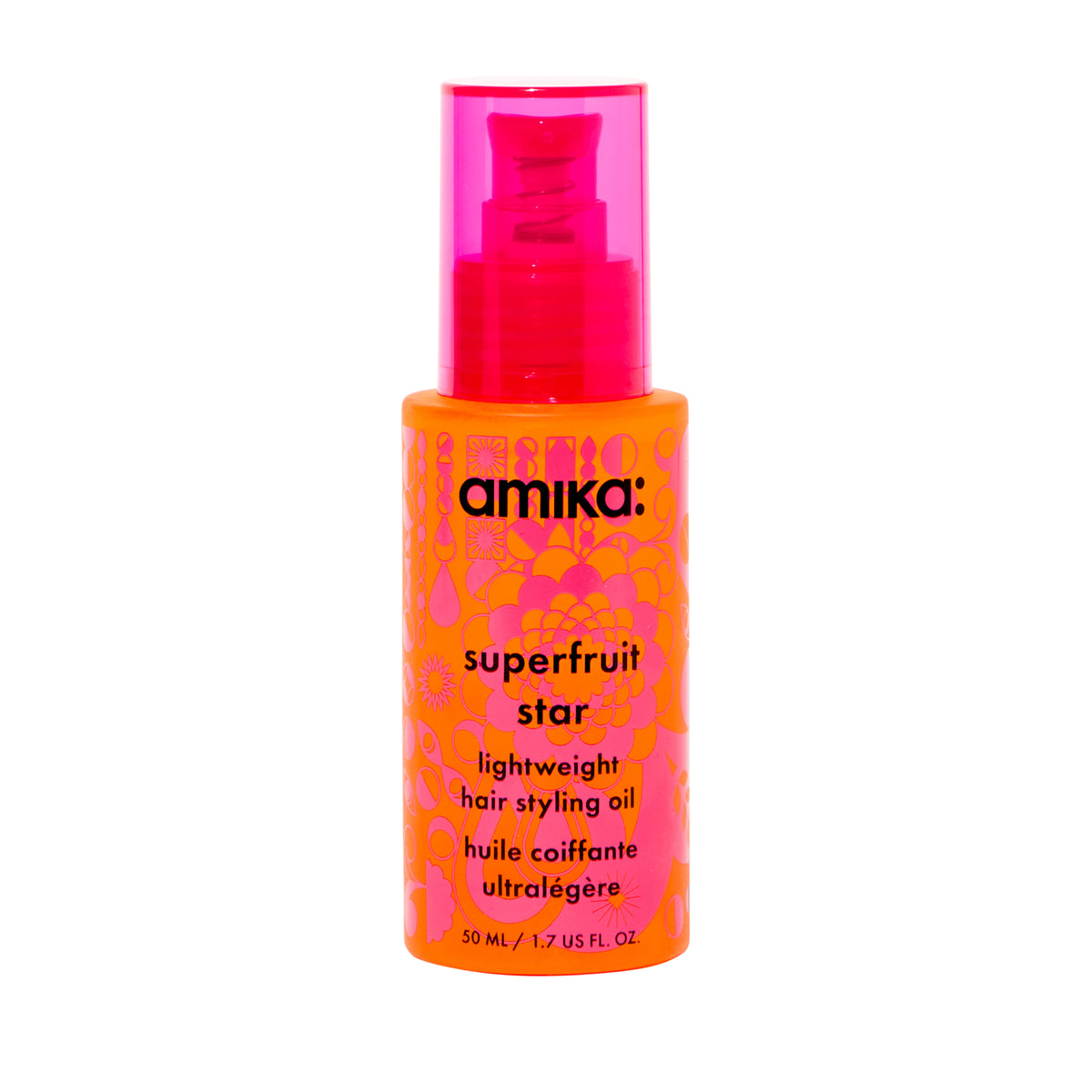 Amika Superfruit Star hair styling oil bottle on a white background