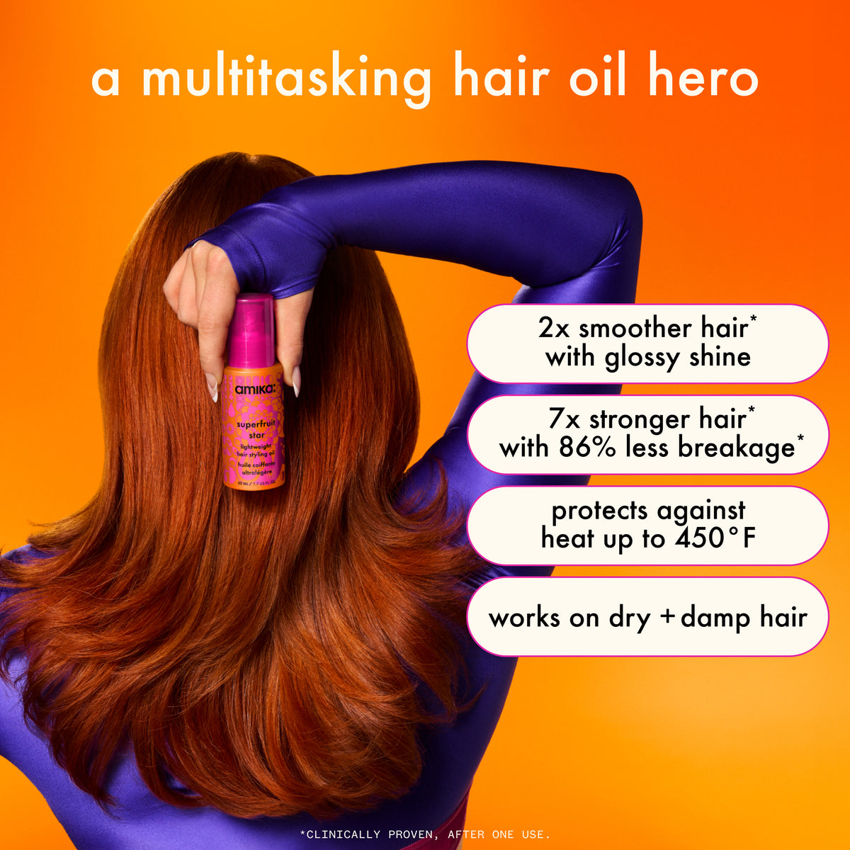 Person with long hair holding a bottle of Amika Superfruit hair oil against an orange background with product benefits listed.