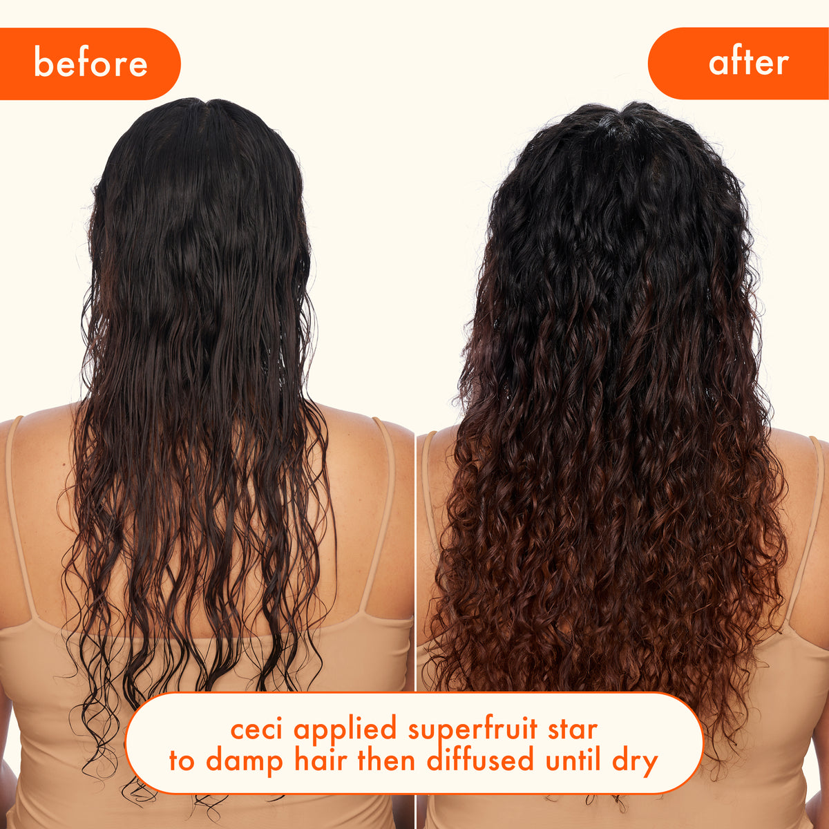 Before and after comparison of hair styled with Amika Superfruit Star  product on a plain background