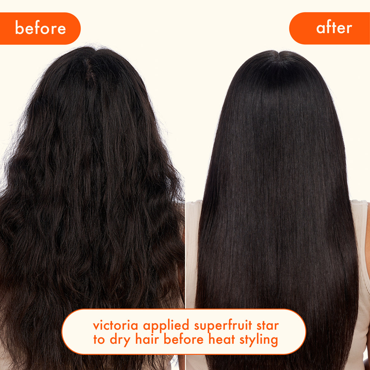 Before and after comparison of hair with Amika Superfruit star product on a white background
