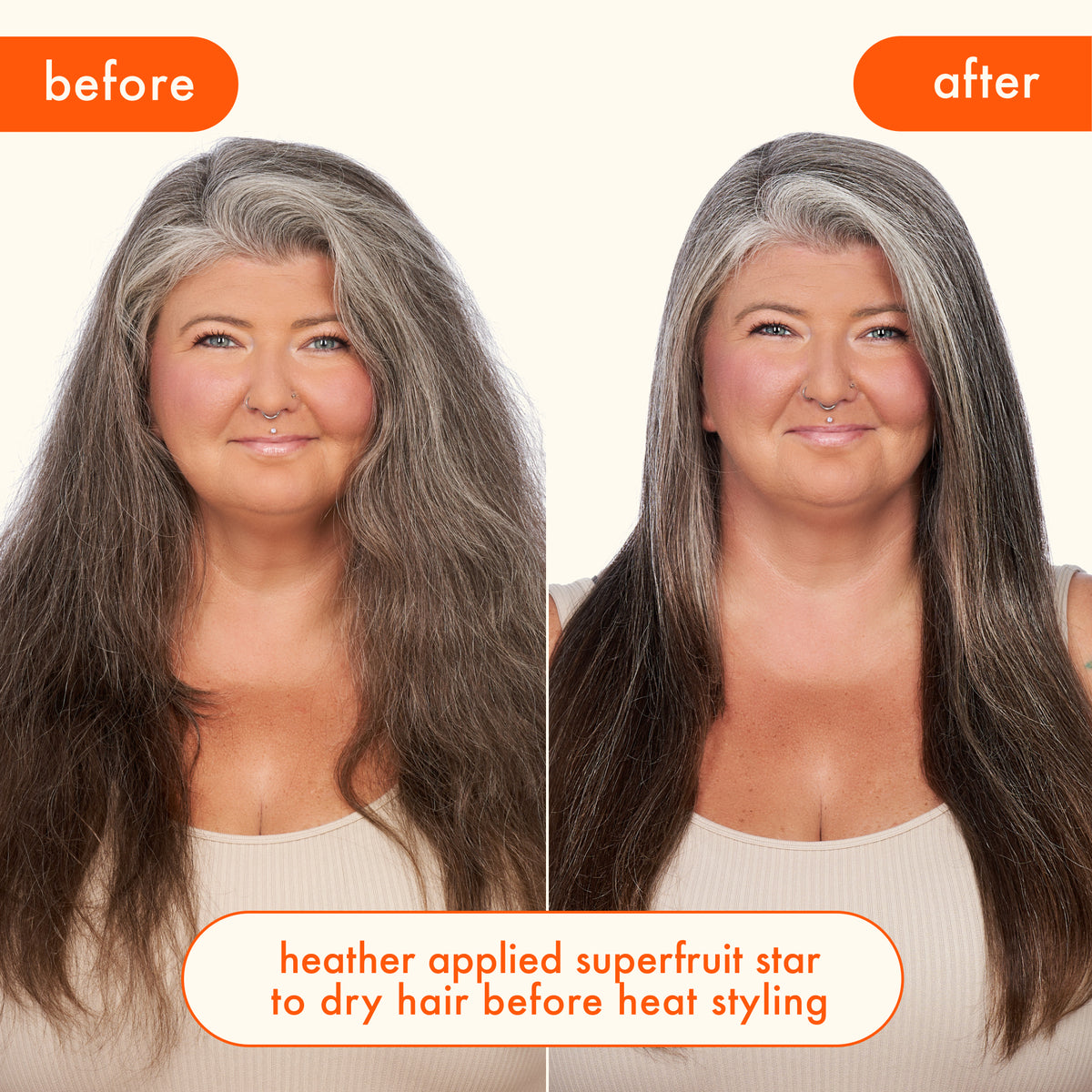 Before and after comparison of a woman's hair with text indicating the use of Superfruit Star product.