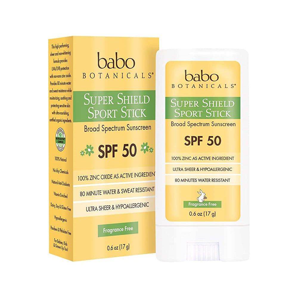 Super Shield Sport Stick Sunscreen SPF 50 next to its packaging