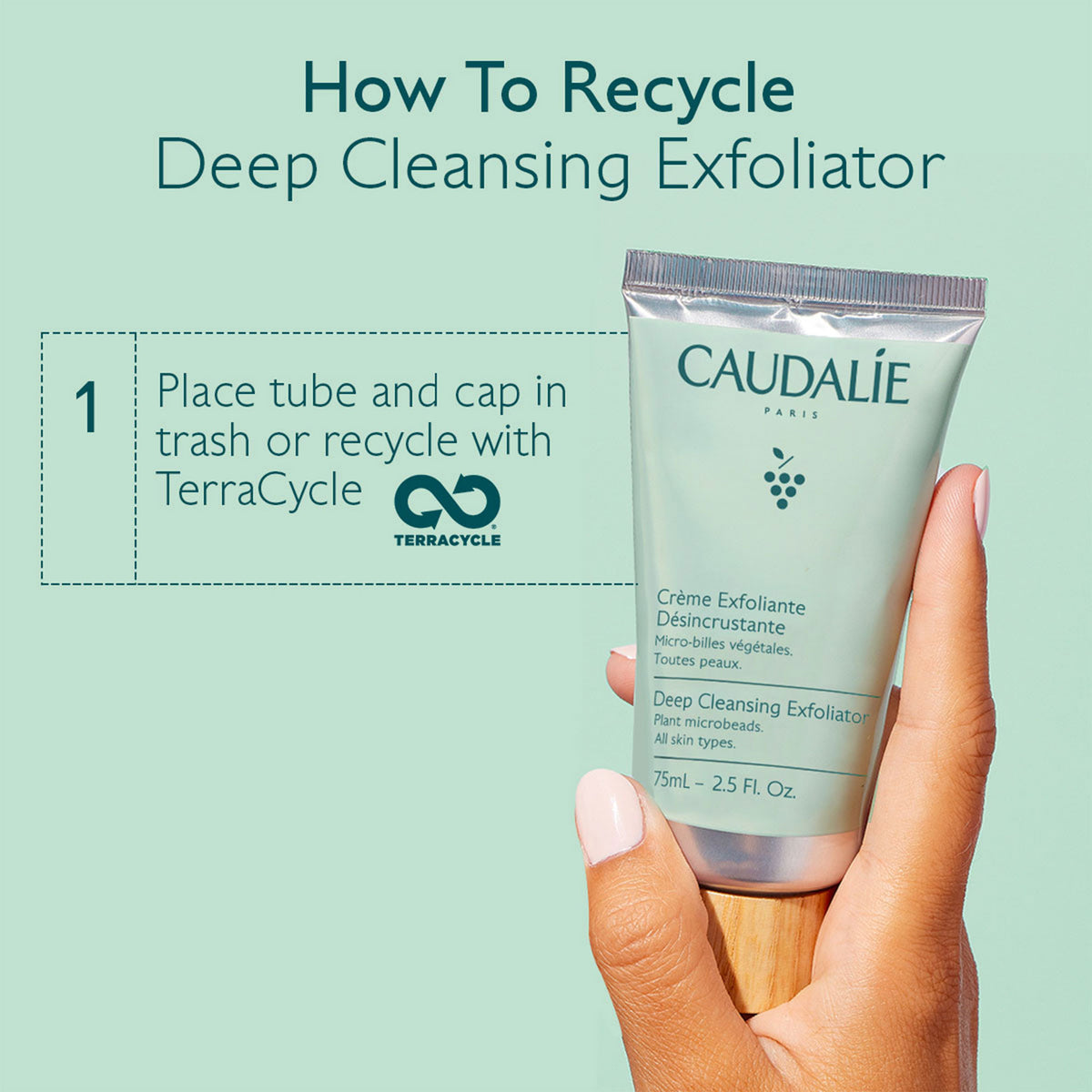 Caudélé deep cleansing exfoliator with recycling instructions on a green background