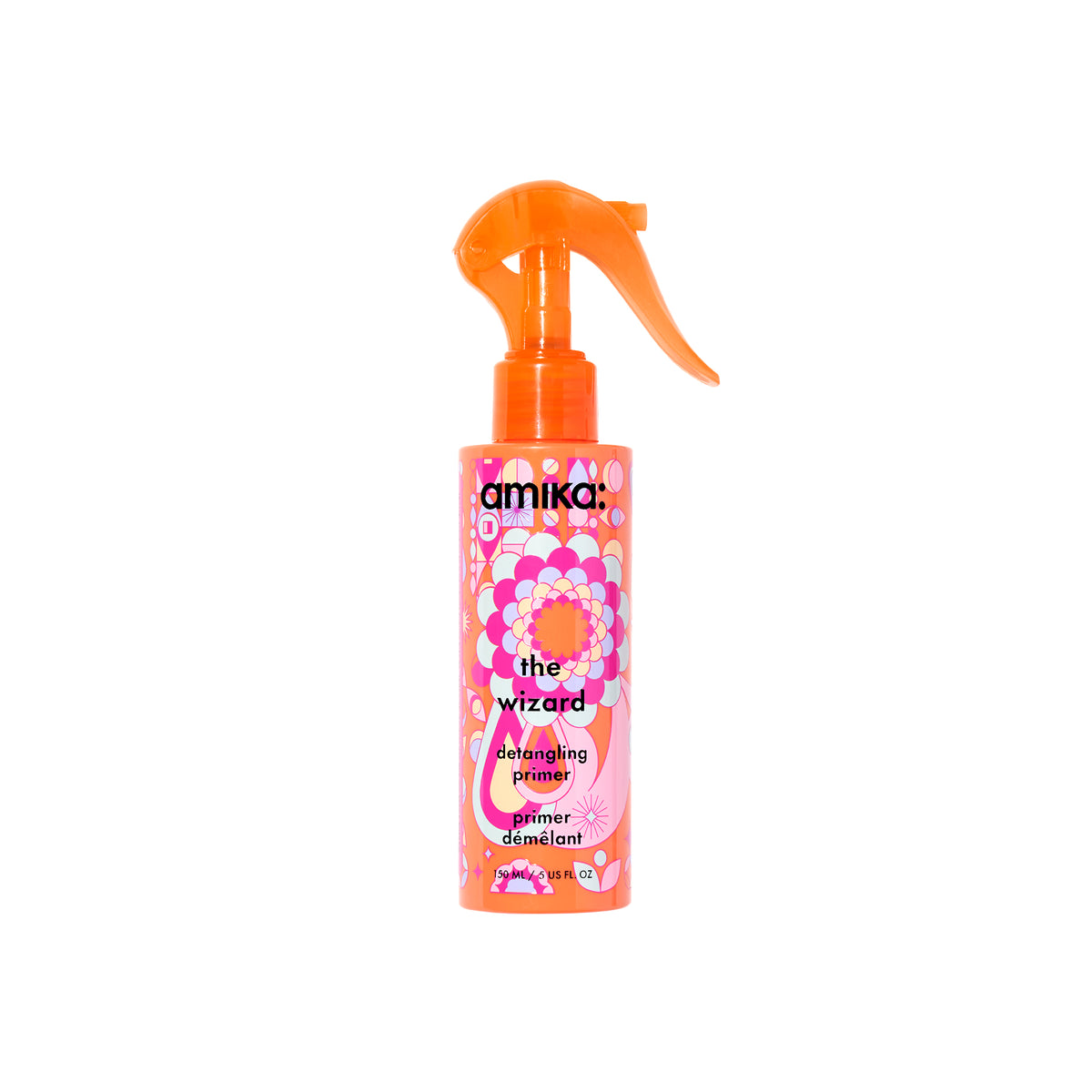 Amika The Wizard Detangling Primer spray bottle with colorful label on a white background