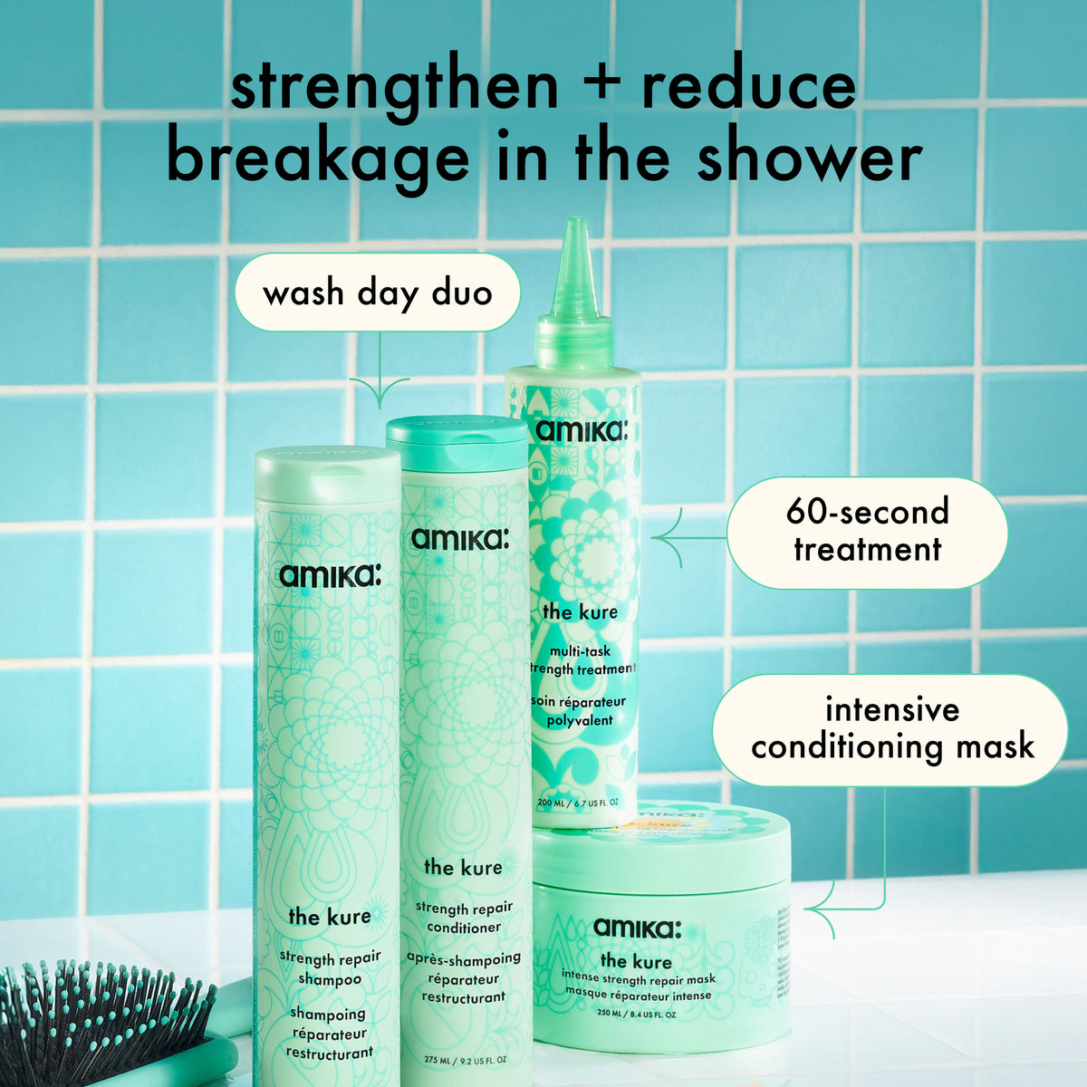 Amika The Kure hair care products on a tiled shower wall with text highlighting features.