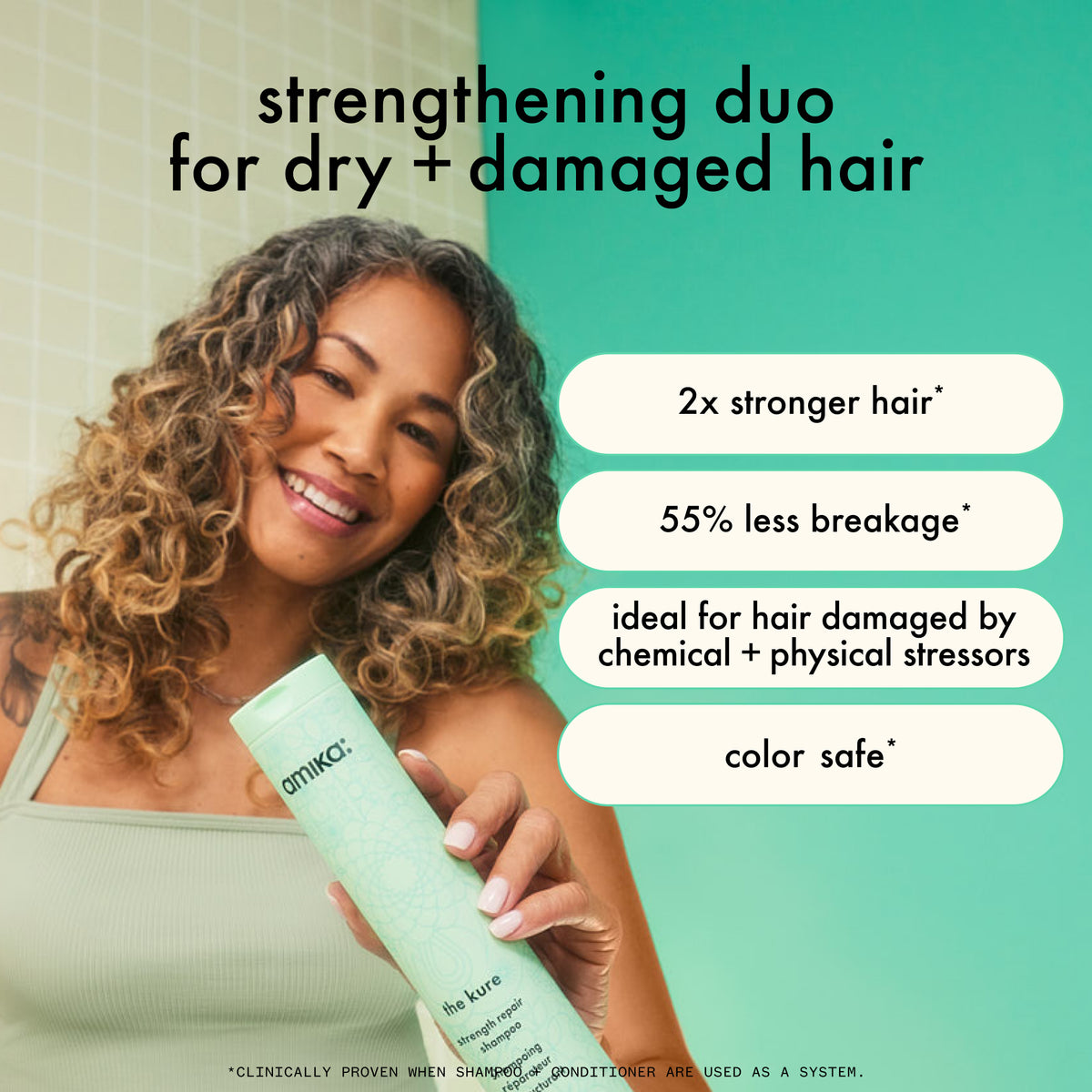 Woman holding a hair care product with text about Amika The Kure benefits for dry and damaged hair on a green background.
