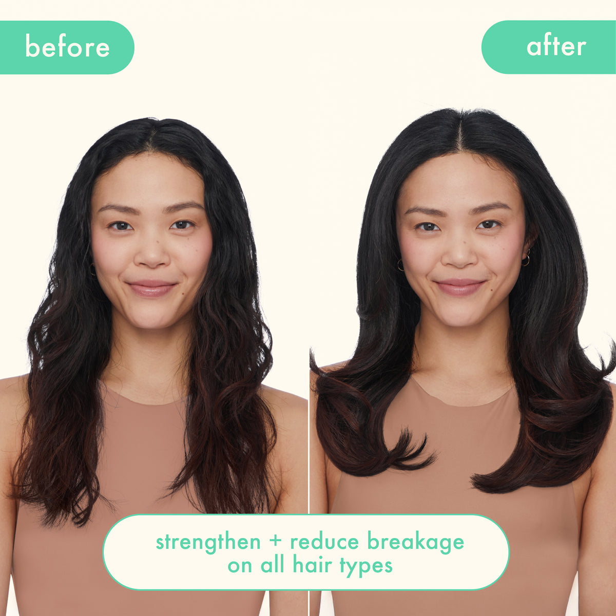 Before and after comparison of Amilka The Kure treatment on a woman with long dark hair.