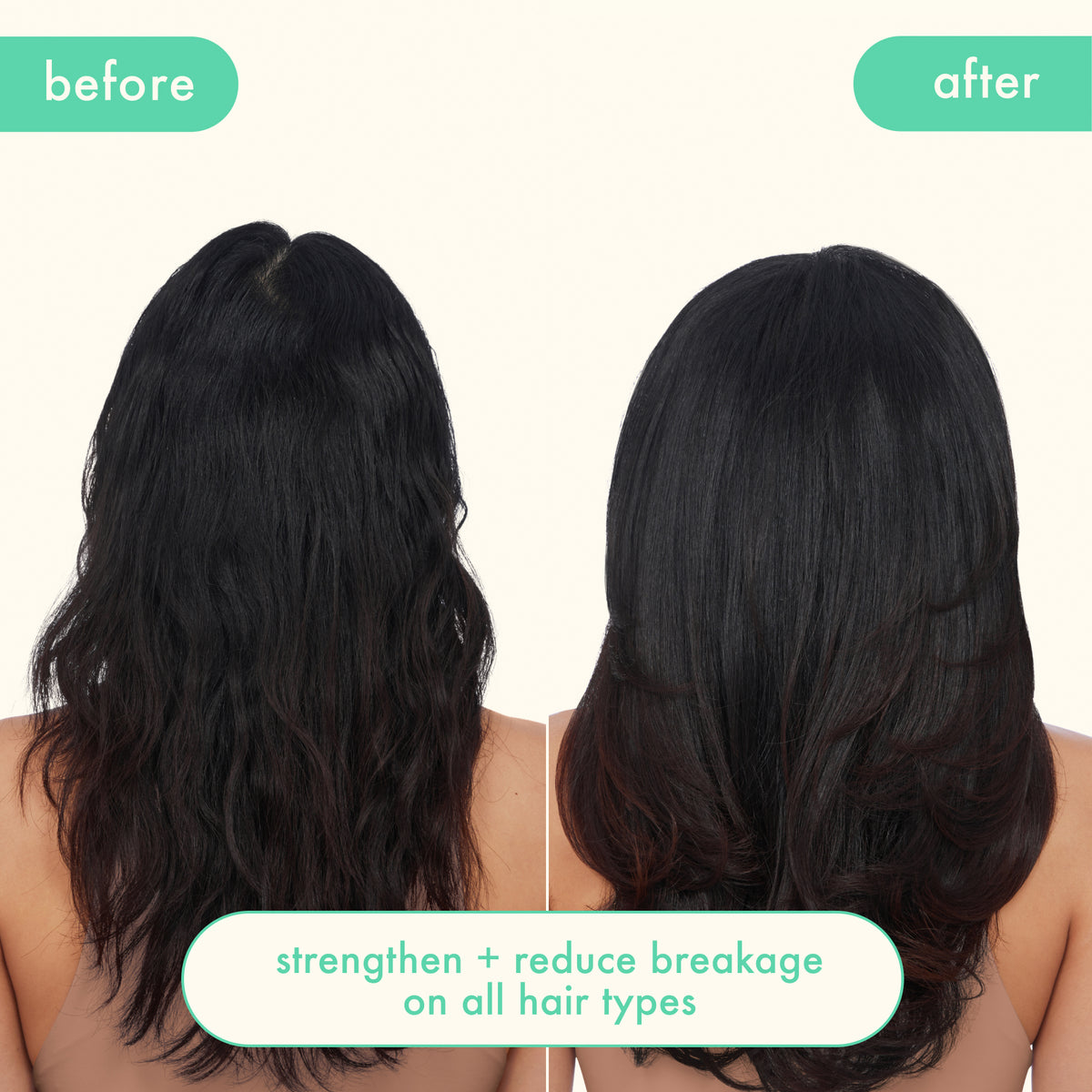 Before and after comparison of hair with text 'strengthen + reduce breakage on all hair types' on a white background.