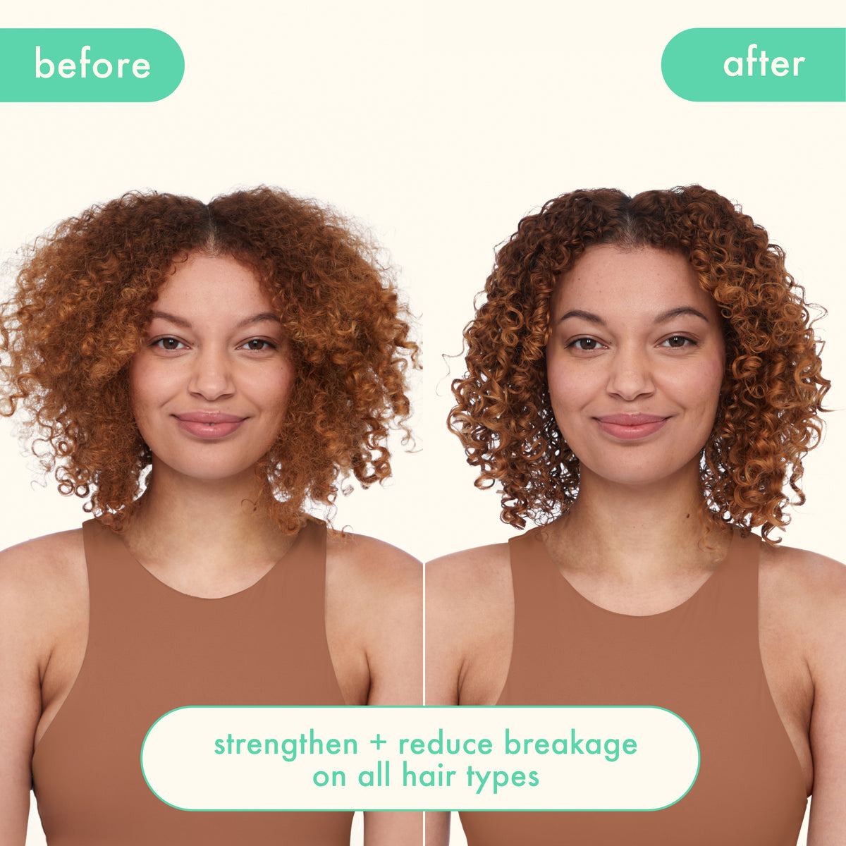 Before and after comparison of Amika The Kure treatment on a woman's hair with text indicating product effects.
