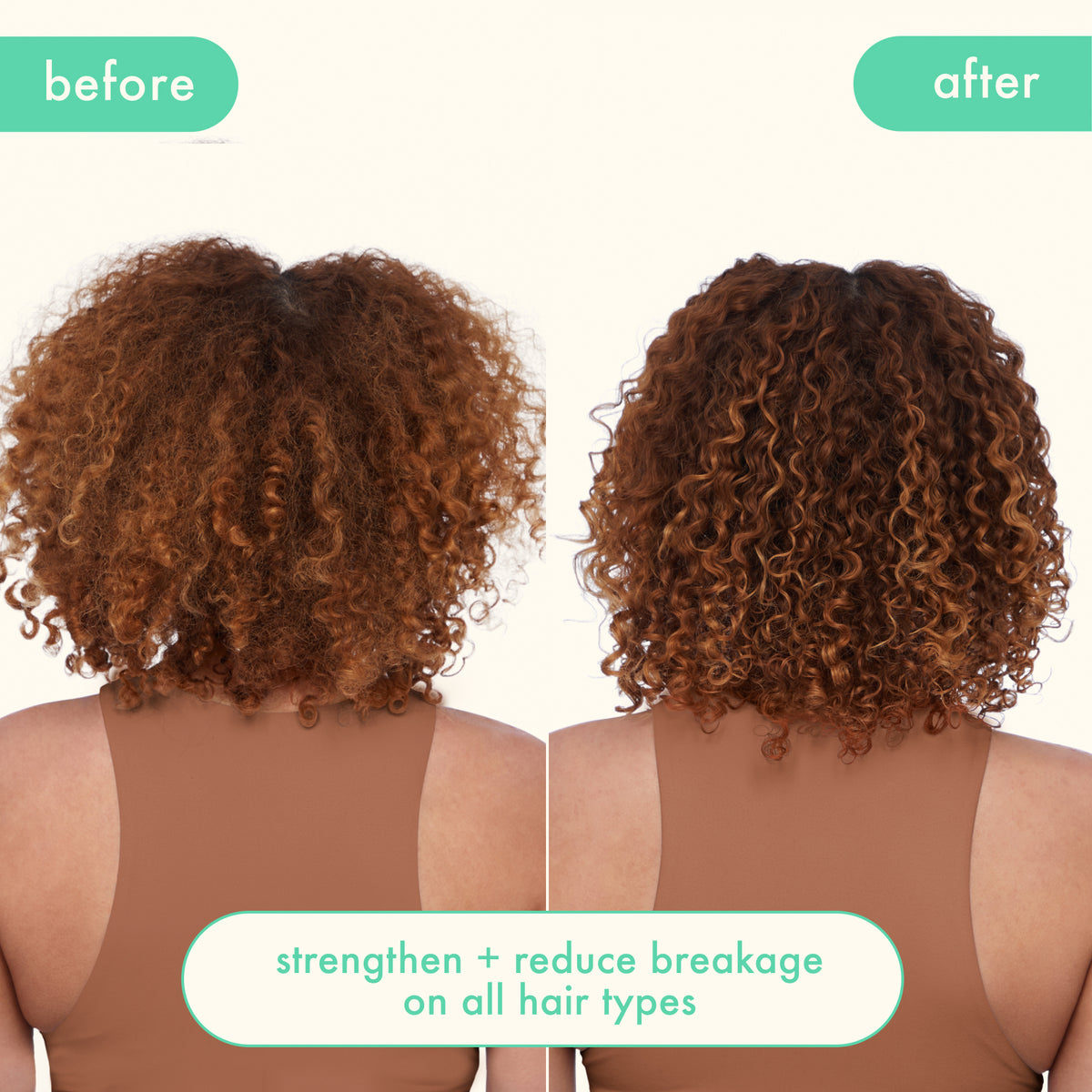 Before and after comparison of Amika The Kure treatment on a woman's hair with text indicating product effects