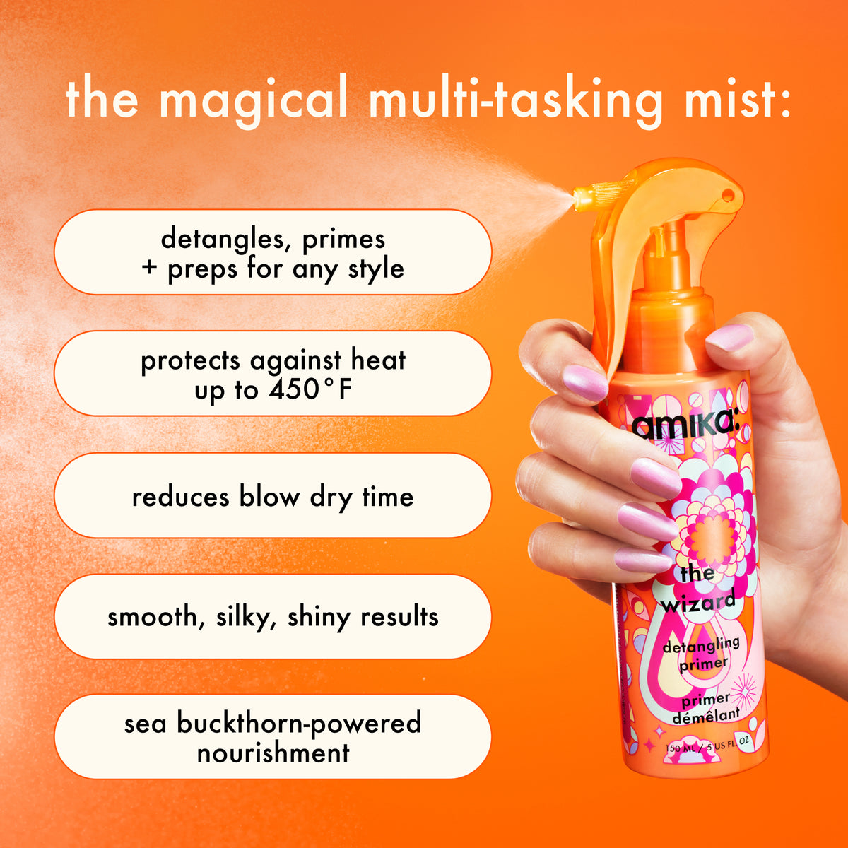 Amika 'The Wizard Detangling Primer' spray bottle held by a hand against an orange background with product features listed.