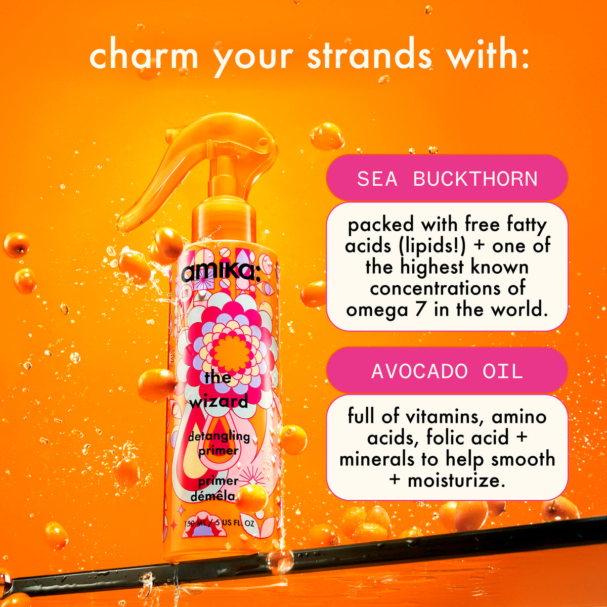 Amika The Wizard Detangling Primer with text about  featured ingredients on an orange background