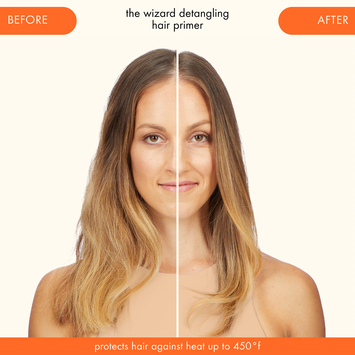 Before and after comparison of a woman's hair using Amikas The Wizard Detangling Primer