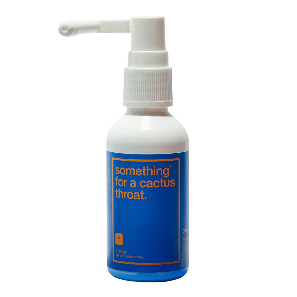 Bottle of 'something for a cactus throat on a white background