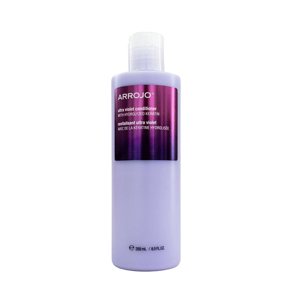 A bottle of ARROJO Ultra Violet Conditioner with a purple label.